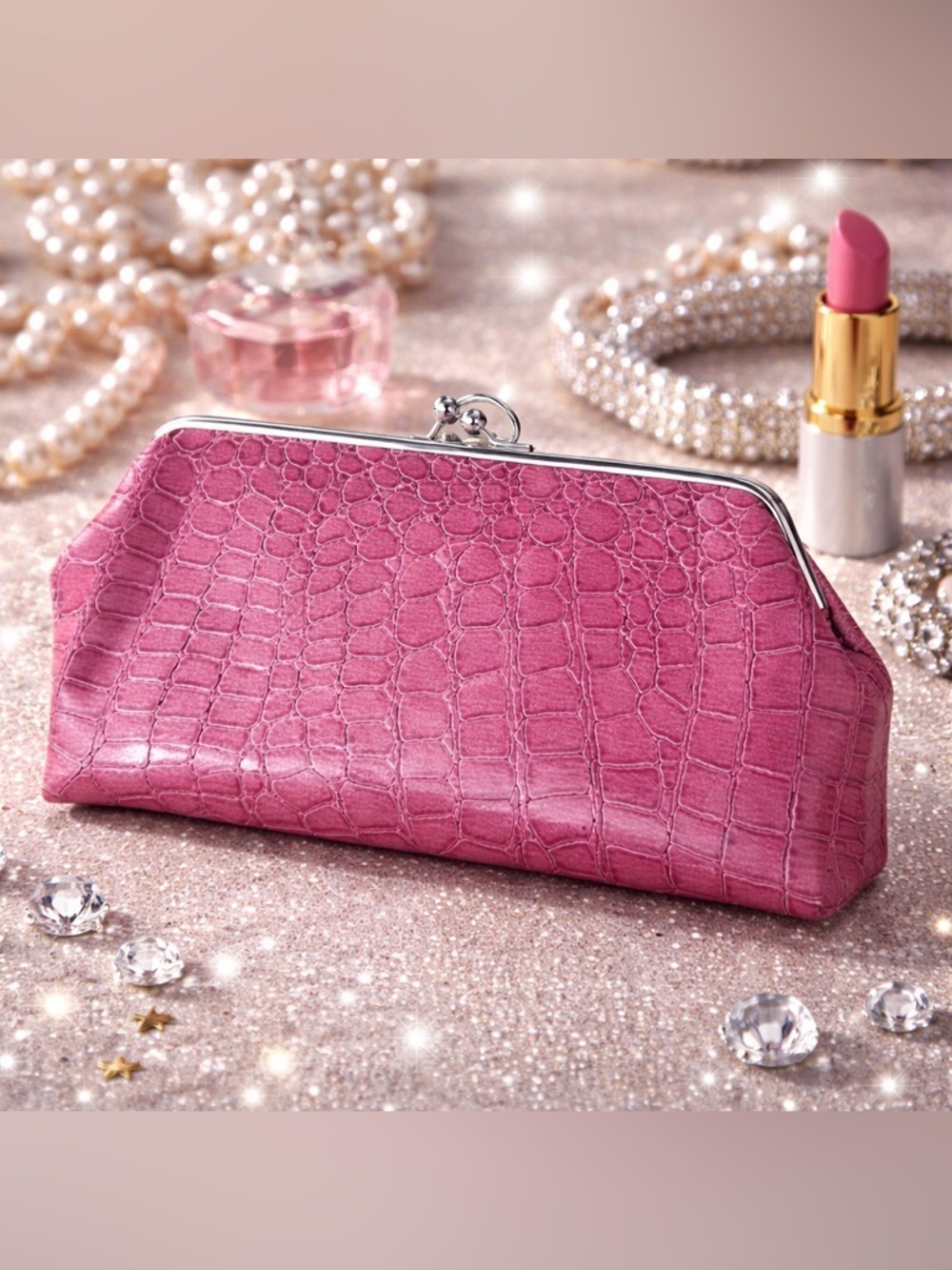 Vintage Old Money Style Pink Crocodile Embossed Accordion Clutch Wallet